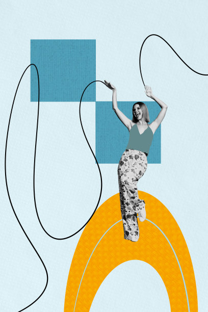 周末休闲聚会的年轻女性微笑跳舞的3D照片拼贴艺术作品，适合派对的场合，留有空白空间。图片下载