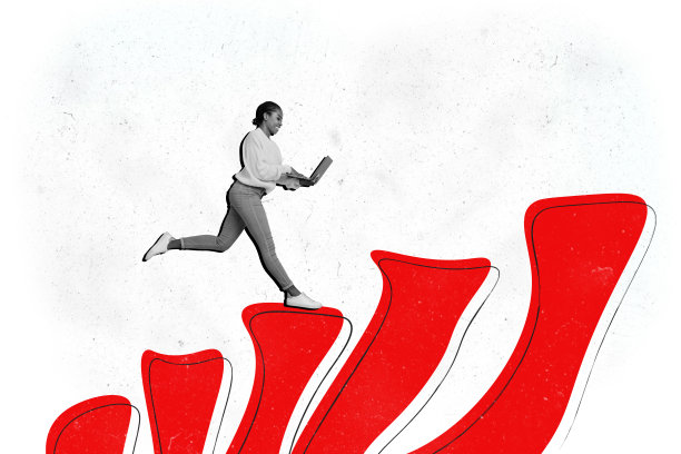 黑白剪影的年轻自信女性在平台上走，手中拿着笔记本电脑的3D照片拼贴画图片下载