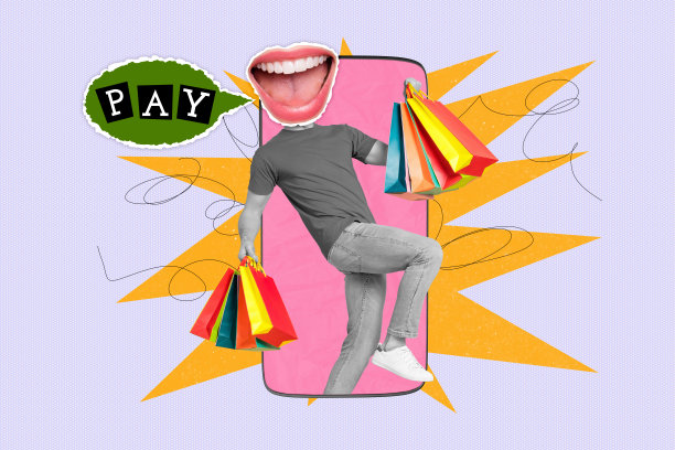 复合照片拼贴，男人的头部和嘴巴替换，购买黑色星期五折扣iPhone在线订单销售，背景为涂鸦风格。图片下载