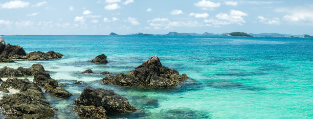 美丽的海景，蓝天映衬着阳光明媚的日子。自然背景。阳光下的海面。放松的自然照片墙纸。青蓝色的海洋景观。微风拂动的波浪海水。图片下载
