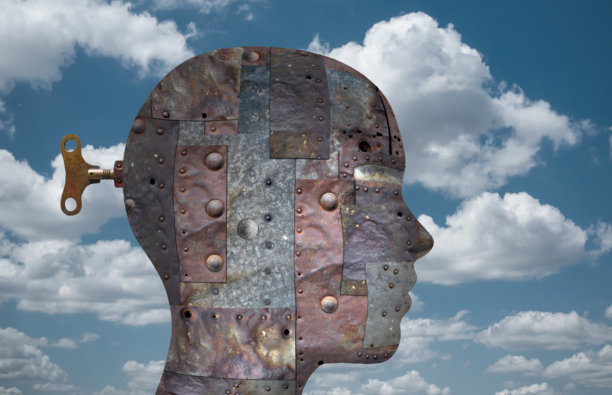 由旧金属片制成的头部照片拼贴画图片下载