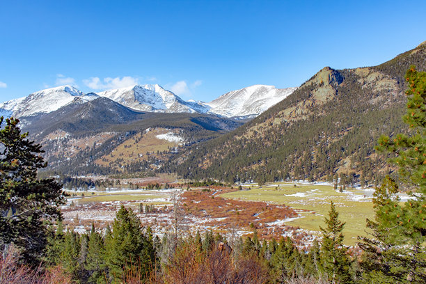 落基山国家公园科罗拉多州的山脉和高山森林松树谷的景观。照片拍摄于晴朗的蓝天。图片下载
