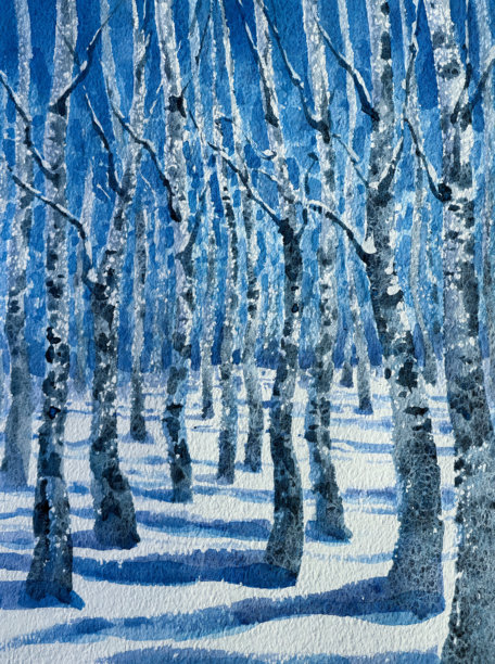 冬季桦树森林水彩背景图片下载