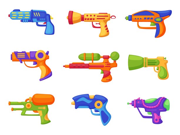 玩具武器塑料套装。明亮的手枪和枪支，发射器，水枪。儿童游戏卡通配件，活跃的玩耍和射击。现代矢量剪贴画图片下载