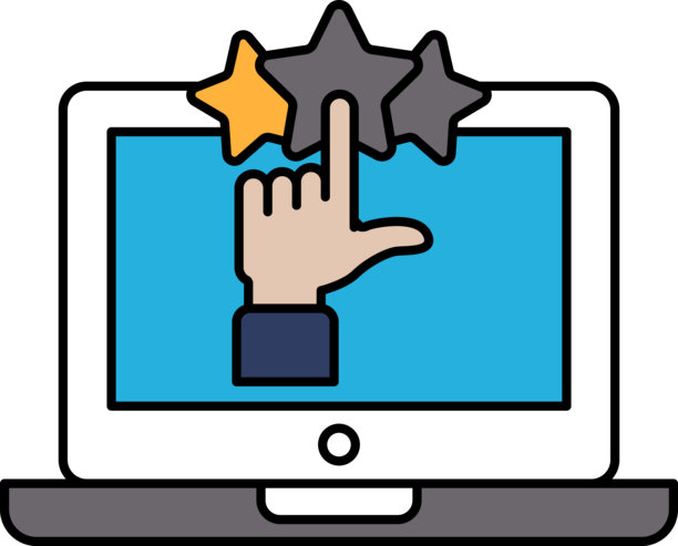 一只手指向带有三个星星的笔记本电脑屏幕图片下载