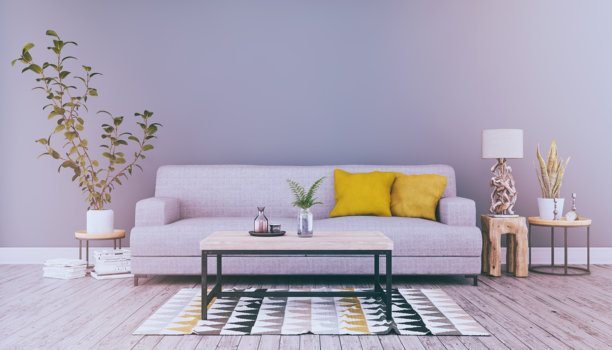 复古风格的斯堪的纳维亚客厅3D渲染，配有沙发和桌子图片下载