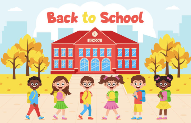 学校建筑和学生，城市风景。开学季。秋季校园景观。背景，横幅。图片下载