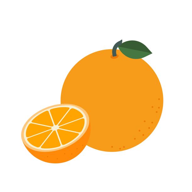 平面风格插图，展示整颗橙子、绿色叶子和切开的橙子半边。图片下载