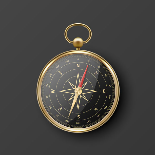 逼真的3D矢量指南针，金属框架，导航工具插图。表盘上的复古风玫瑰符号，指南针图标特写，孤立展示。图片下载