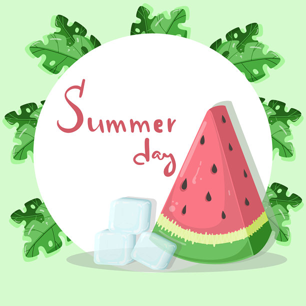 带有西瓜片、叶子和冰块的明信片。手写字母。矢量平面插图。夏日。绿色背景上有白色圆圈。图片下载