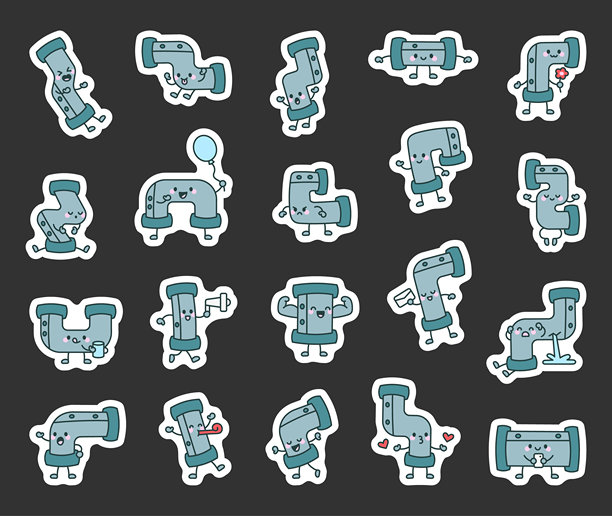 可爱的管道角色集，展示了不同的情感和动作，采用可爱的卡通风格，非常适合您的幽默管道主题创意项目和设计。图片下载