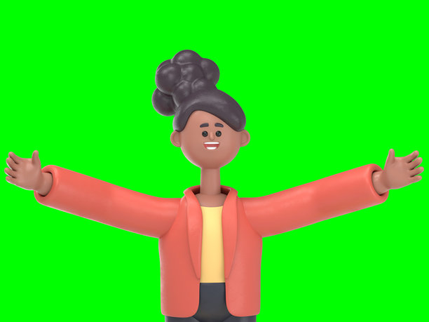 3D插图：非裔美国女性Coco通过礼品盒。绿幕模型。3D渲染在绿幕上，用于视频素材和抠图。图片下载