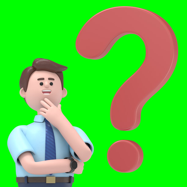 思考的亚洲男子费利克斯的3D插图，带有大问号的对话气泡。绿色屏幕模型。3D渲染在绿色屏幕上，用于视频素材和抠图。图片下载