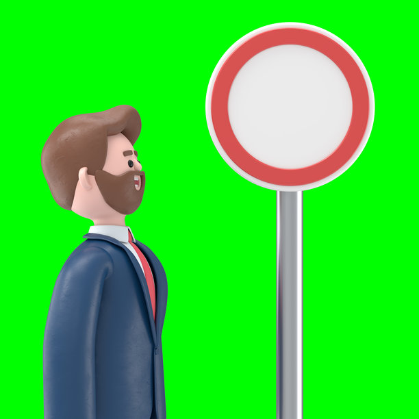 3D插图：留胡子的美国商人鲍勃站在十字路口，注视着方向指示牌的箭头。3D渲染，适用于绿幕素材和剪辑路径。图片下载