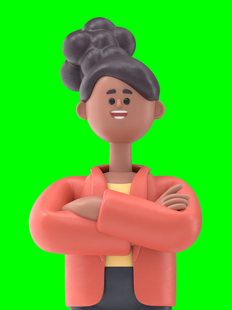 非洲裔美国女性Coco的3D插图，将不可能变为可能。绿幕模型。3D渲染在绿幕上，用于视频素材和抠图。图片下载