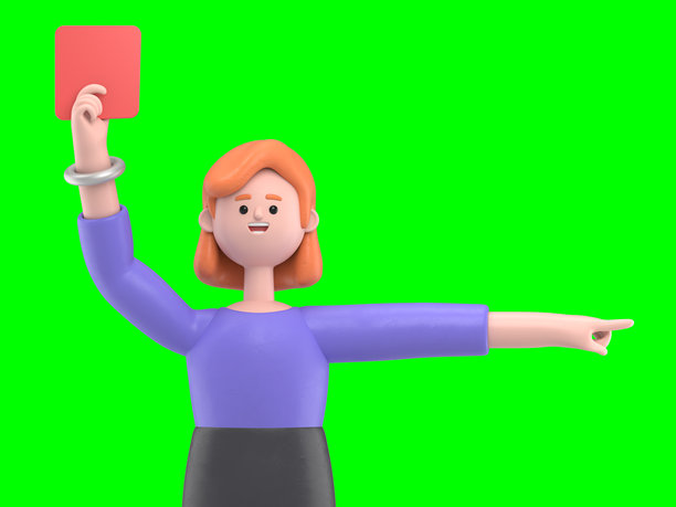 3D插图：欧洲女商人艾伦·裁判展示红牌并用食指指向。3D渲染，适用于绿幕素材和剪辑路径。图片下载