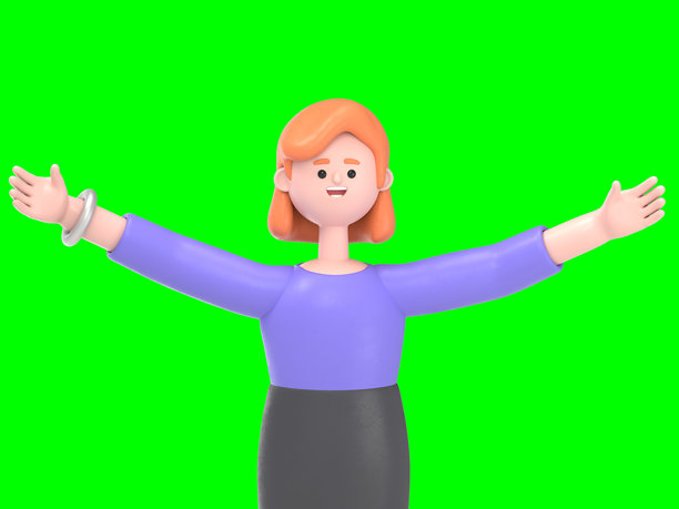 3D插图：欧洲女商人艾伦通过礼品盒。绿幕模型。3D渲染在绿幕上，用于视频素材和抠图。图片下载