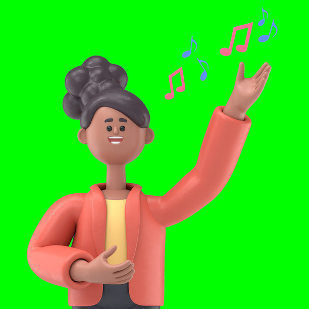 非洲裔美国女性Coco歌手的3D插图和音符。绿色屏幕模型。3D渲染在绿色屏幕上，用于视频素材和抠图。图片下载