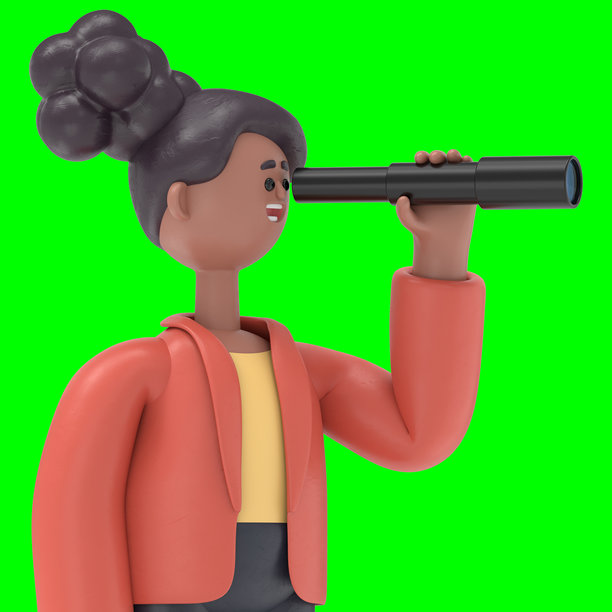 非洲裔美国女性Coco通过望远镜观察未来的3D插图。绿幕模型。3D渲染在绿幕上用于视频素材和抠图。图片下载