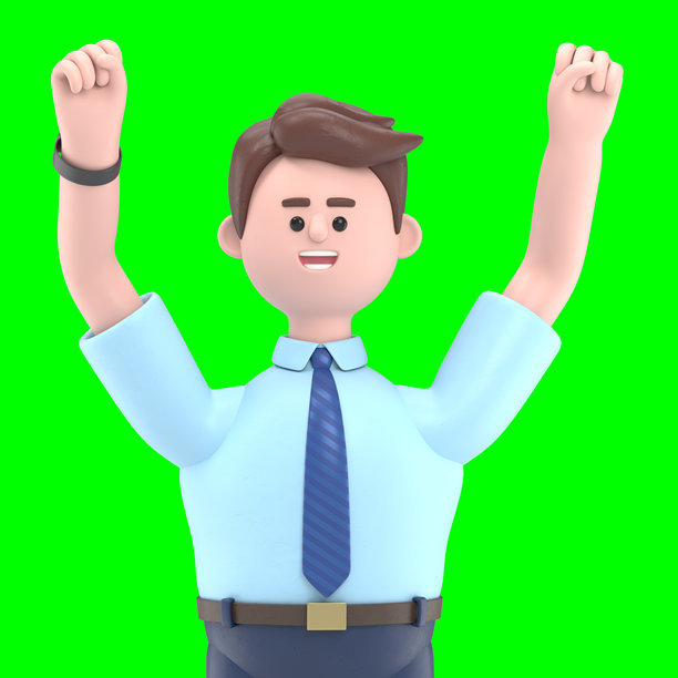 3D插图：微笑的亚洲男子Felix站在一堆金币上，双手高举在空中。绿色背景的3D渲染，适合视频素材和抠图使用。图片下载