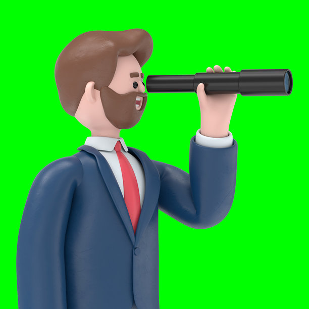 3D插图：留胡子的美国商人鲍勃通过望远镜观察未来。绿幕模板。3D渲染，适用于绿幕素材和抠图。图片下载