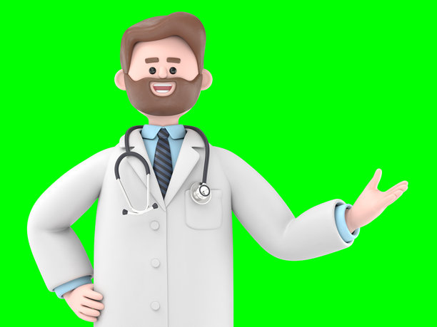 男性医生艾弗森分析市场趋势的3D插图，绿幕模型。3D渲染在绿幕上用于视频素材和剪辑路径。图片下载