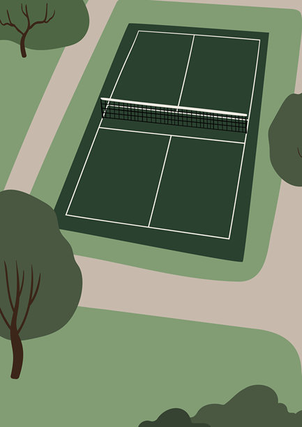 网球场场景。一个空旷网球场的详细视图，强调公园内的运动和休闲空间。平面矢量插图。图片下载