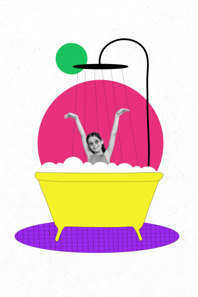 明亮色彩的家居浴室休闲淋浴水景的照片拼贴，描绘了一位学龄前女孩在玩耍。图片下载