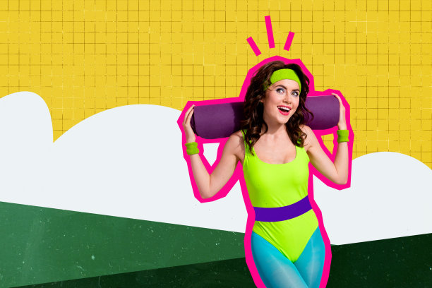 快乐的时尚女孩穿着复古运动服，手持普拉提瑜伽垫，背景为涂鸦风格的画面，组成了一幅拼贴照片。图片下载