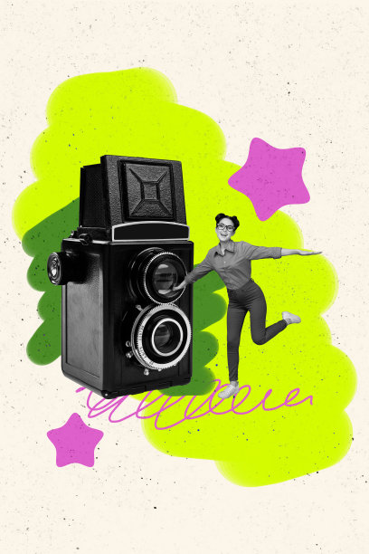 趋势艺术作品合成素描图像 3D 照片拼贴，展示复古巨型相机拍摄爱好，年轻女性站立，双手张开。图片下载