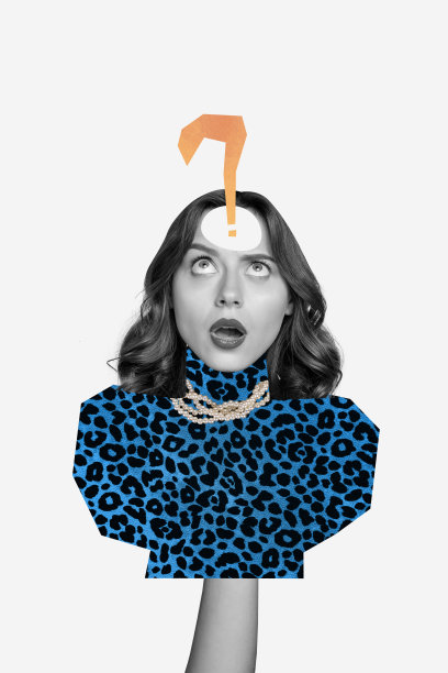 趋势艺术作品合成素描图像，3D照片拼贴，惊讶困惑的女性无身体木偶师手，疑问符号，面部扭曲。图片下载