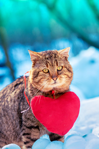 美丽的灰色短毛猫脖子上挂着一个玩具心形饰品。这只猫在雪白的冬天里走在公园里。竖版图片图片下载
