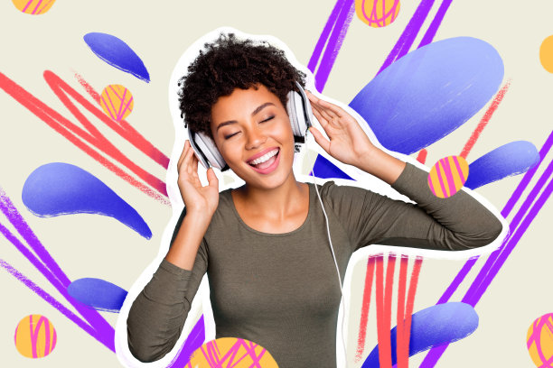 创意图片拼贴，年轻快乐无忧的女性，音乐爱好者，愉悦的积极心情，绘画背景图片下载