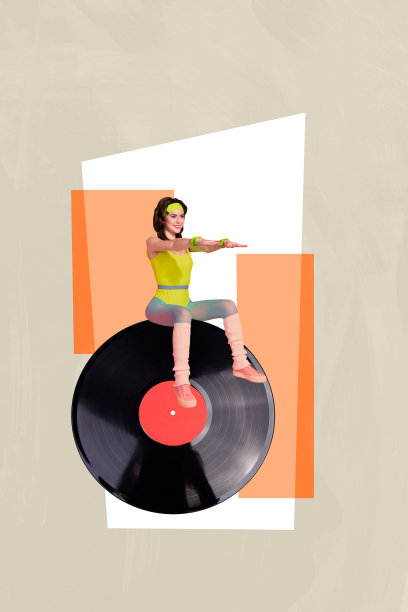 年轻女运动员教练的垂直图片拼贴，健身房，健身，黑胶唱片，健身锻炼，音频音乐，绘画背景图片下载