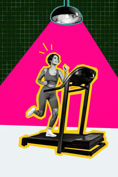 运动型漂亮女孩在跑步机上慢跑的垂直照片拼贴，健身生活方式，背景为涂鸦风格的明亮色彩。图片下载