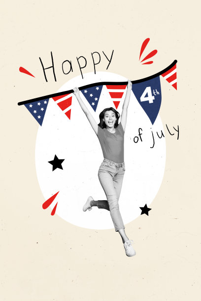 兴奋的女士与独立日装饰的极简照片拼贴艺术，创意背景独立。图片下载