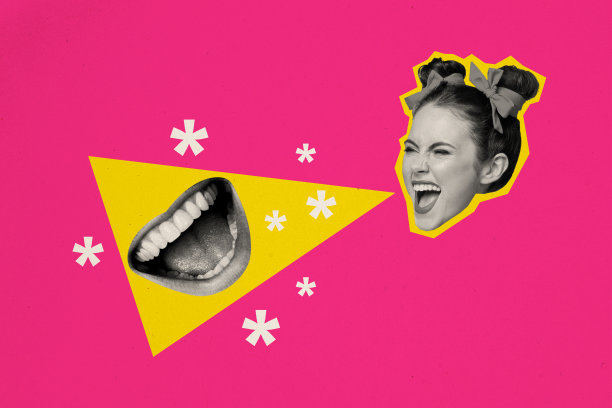 兴奋的女士在粉色背景下讲述八卦的创意3D照片艺术图形拼贴画图片下载