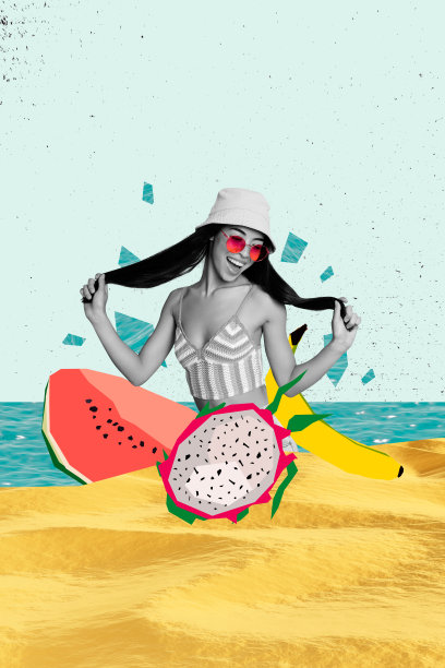快乐女孩在海洋中游泳，溅起水花，沙滩上有热带水果，如火龙果、西瓜和香蕉，竖版照片拼贴，背景为彩绘。图片下载