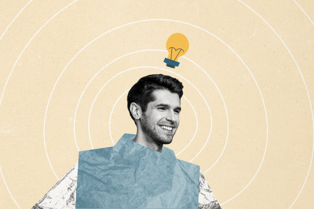 微笑的商人发现创意的复合照片拼贴，灯泡概念，聪明的老板启迪，办公室背景涂鸦。图片下载