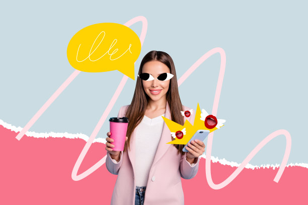 搞笑女孩奇怪的眼睛，手持外带咖啡杯，使用iPhone接收信息，独自在涂鸦背景前说话的拼贴照片。图片下载