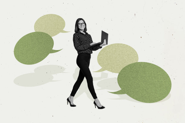 黑白色的商业女性手持笔记本电脑，走在思维云和对话框文本框的3D照片拼贴艺术作品草图中。图片下载
