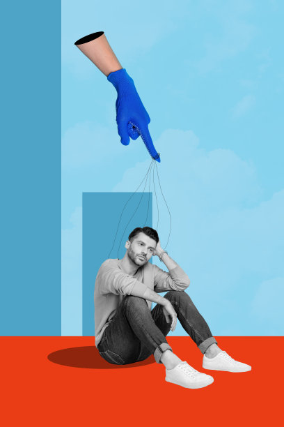 趋势艺术作品草图图像合成照片拼贴，手指手势握住绳索，掌控木偶玩具，压力问题心理图片下载