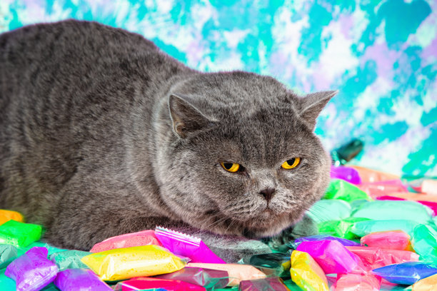 时尚肖像：一只蓝色英国短毛猫躺在颜料袋上，背景是色彩斑斓的抽象画。竖版照片图片下载