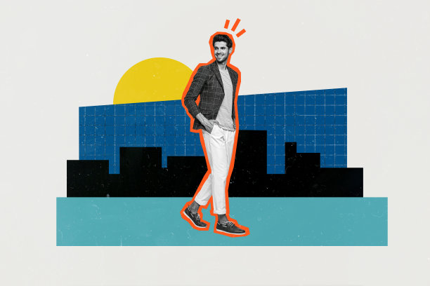 时尚男士在城市中走动，参加商务会议，穿着时尚服装，微笑快乐，合成照片拼贴，背景为涂鸦风格。图片下载