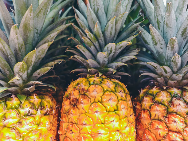许多成熟新鲜菠萝的特写照片。当地市场上的水果堆。图片下载