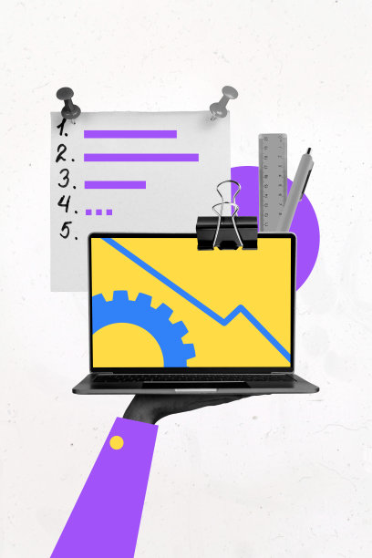 艺术垂直照片拼贴，手握遥控器，笔记本电脑屏幕，齿轮优化图表，贴纸，图钉，日程表，尺子，笔图片下载