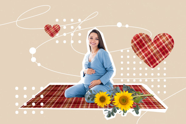 快乐微笑的母亲与黄色雏菊花的照片拼贴，孕期新生儿，怀孕的肚子，爱心，新家庭生活图片下载