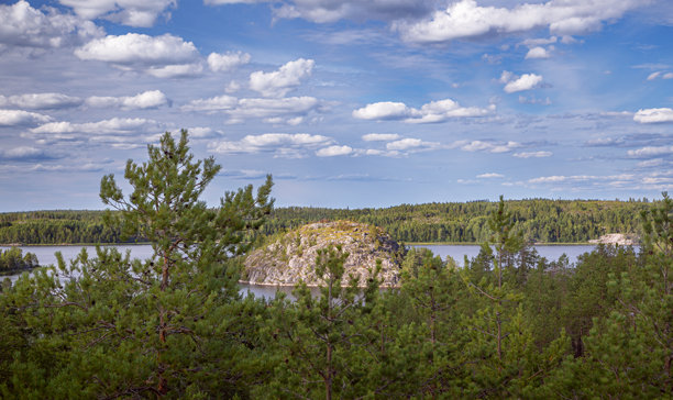 美丽的风景。从山上俯瞰蓝色湖水的景色。湖中有岛屿。悬崖岸边绿树成荫。背景留有空白空间。室内海报。适合家庭的图片。室内摄影。图片下载