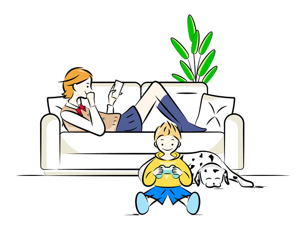 一位高中女孩（姐姐）坐在客厅的沙发上看着智能手机，旁边一位男孩（弟弟）在玩游戏，还有一只达尔马提亚犬 | 家庭系列图片下载