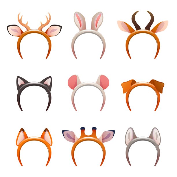 有趣的派对头带。动物角和耳朵，照片亭道具，卡通儿童生日头饰，可爱的化妆舞会元素，节日狂欢服装，角和耳朵矢量孤立套装图片下载